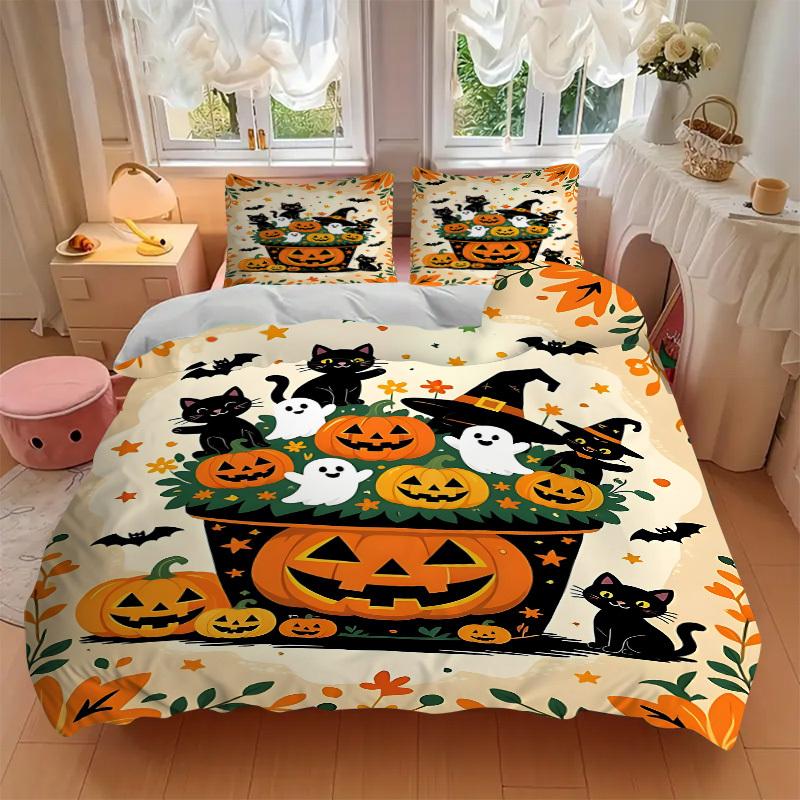 3pcs Halloween Decorations Bedding Set - 1 Duvet Cover + 2 Pillowcases(Core Not Included), Machine Washable Polyester yy251216131