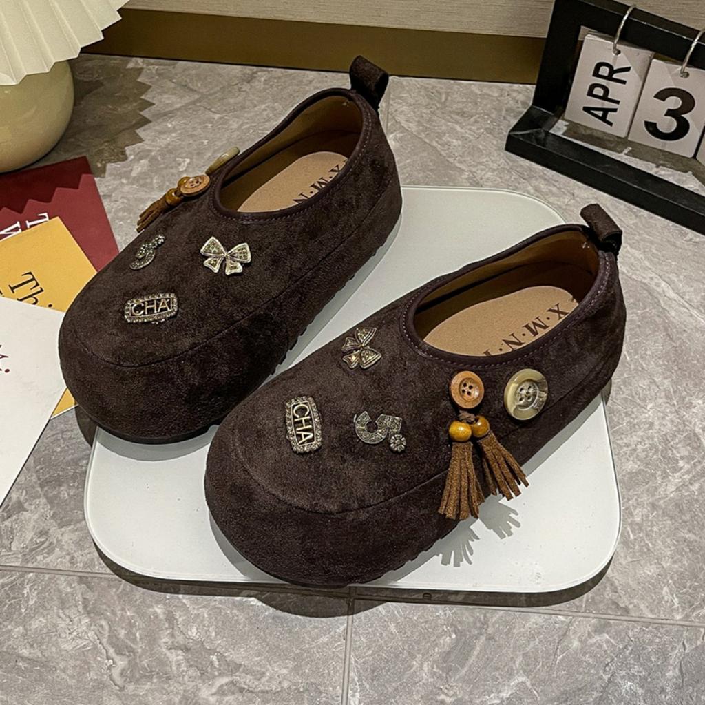 Women's Autumn Fringed Metal Inner Height-increasing Single Shoes with One Pedal and Big Head Women's Shoes