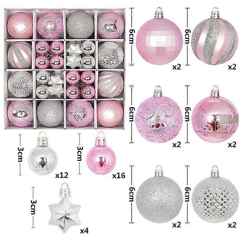 New 44-piece paper box (pink silver) New Christmas balls 44pcs painted special-shaped paper box 3-6cm set Christmas decorations electroplated ball