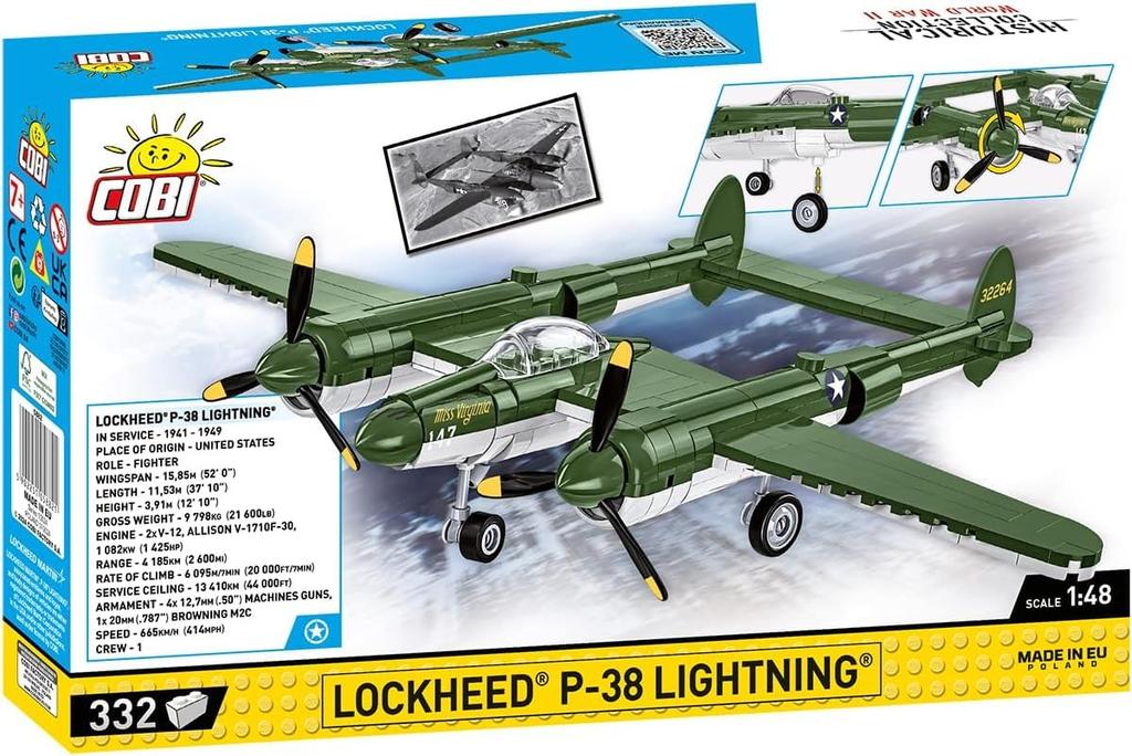 COBI Blocks США. Модель самолета P-38 Lightning ВВС Lockheed Масштаб 1:48 Набор из 332 деталей (Номер продукта 5882) [СДЕЛАНО В ЕС]