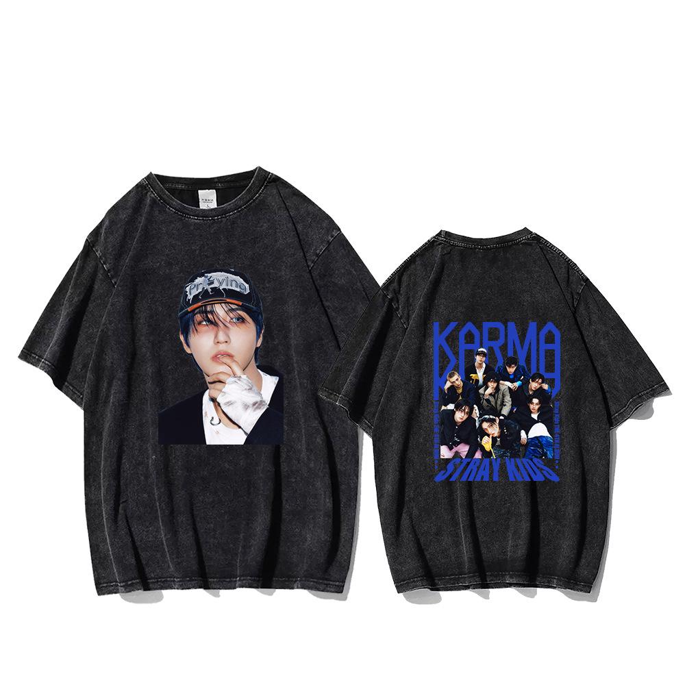 Stray Kids Фото-графическая футболка с принтом Member Karma, винтажная, с минеральной стиркой, оверсайз, с коротким рукавом, мерч K-pop, уличная мода, унисекс, повседневный летний топ