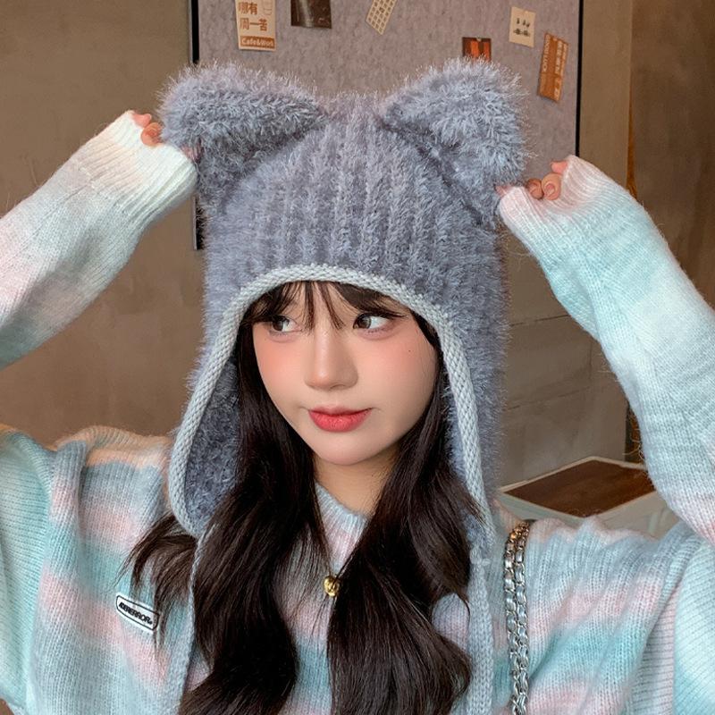 Bear Knitted Hat Children's Winter Plush Warm Ear Protector Wool Hat Sweet Versatile Face Small Pullover Hat