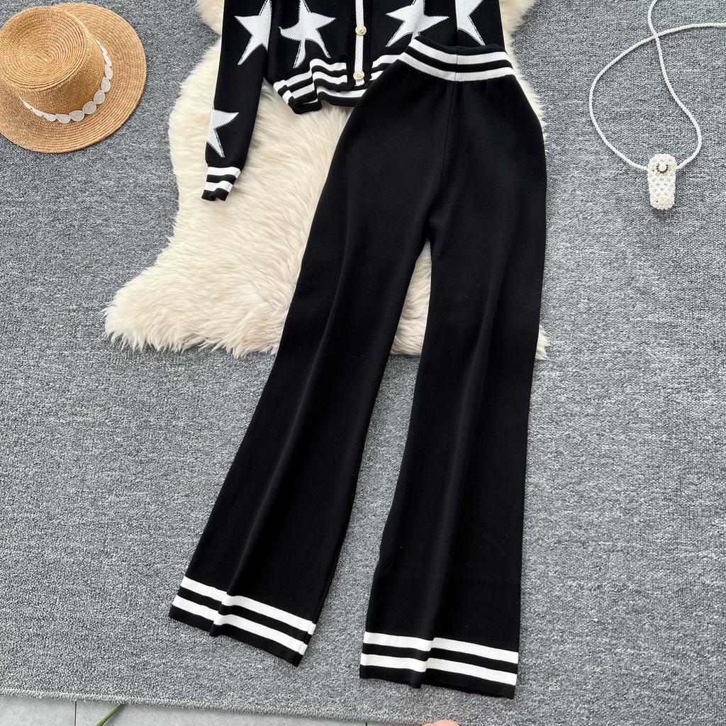 Осенне-зимний комплект из вязаного свитера с принтом звезд, женская куртка с длинным рукавом, пальто + брюки, спортивный костюм из двух частей