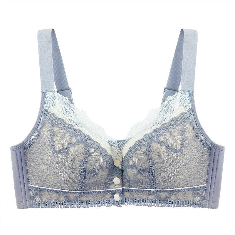 Exquisite Lace Front Button Underwear Women's Setting Cup Adjustable Shoulder Strap for Middle and Old Age Without Steel Rings Large Bra