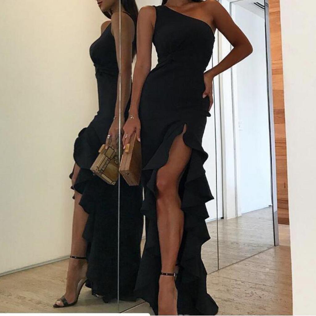 Женская европейская и американская мода, сексуальное тонкое однотонное платье с талией и изломами, нерегулярная юбка с рюшами, платье без рукавов с наклонными плечами