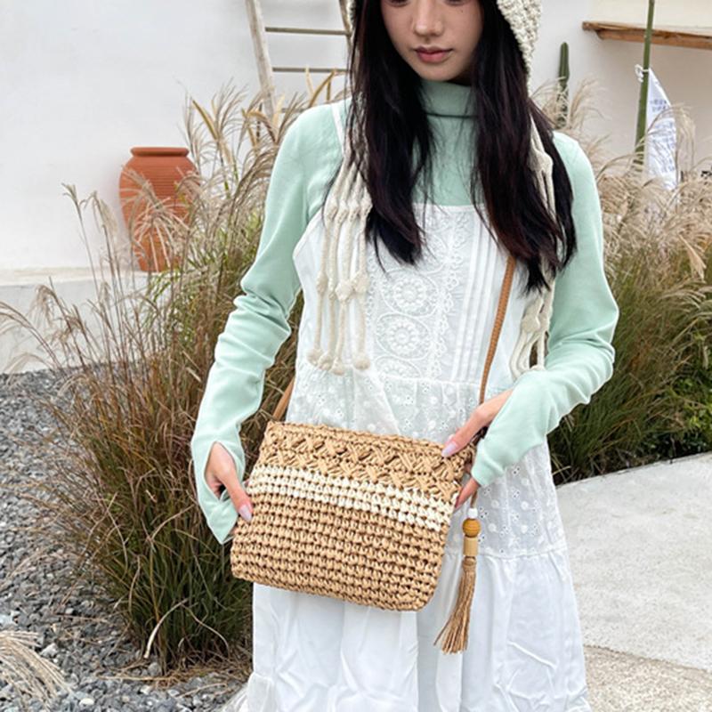 Yogodlns Женская летняя пляжная сумка через плечо с выемкой, большая вместимость, плетеная соломенная дорожная сумка с регулируемым ремешком, сумка через плечо