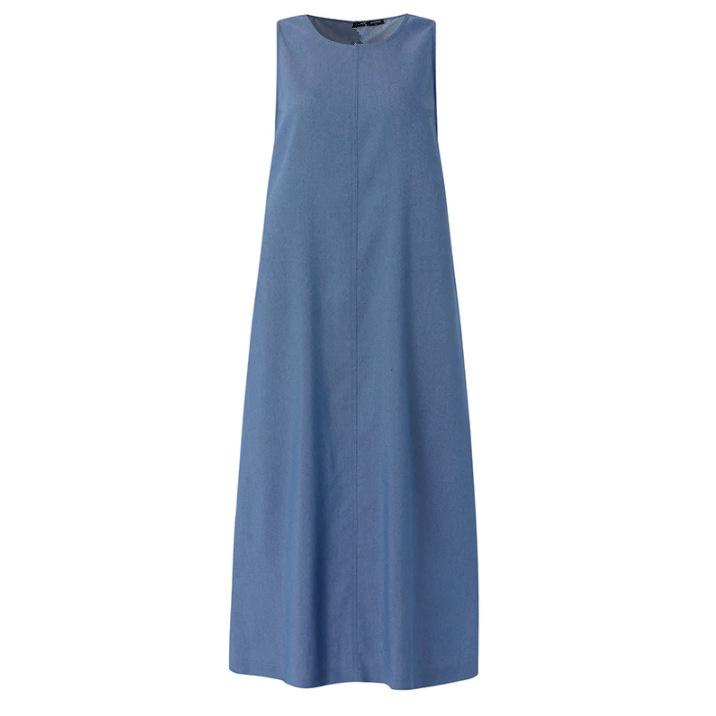 Летний элегантный женский джинсовый плиссированный длинный сарафан повседневный круглый вырез без рукавов свободный халат А-силуэта макси платье свободного покроя