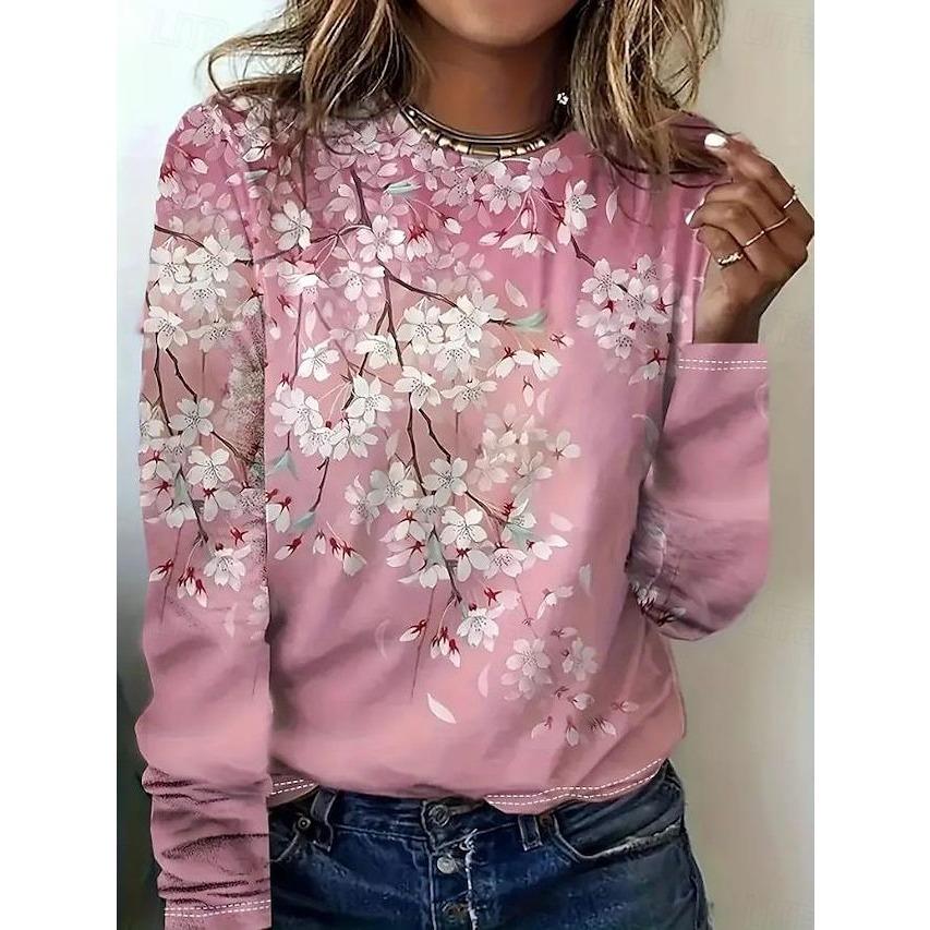 Women's Floral 3D Print Long Sleeved Top Spring and Autumn Round Neck Fashionable Casual T-shirts