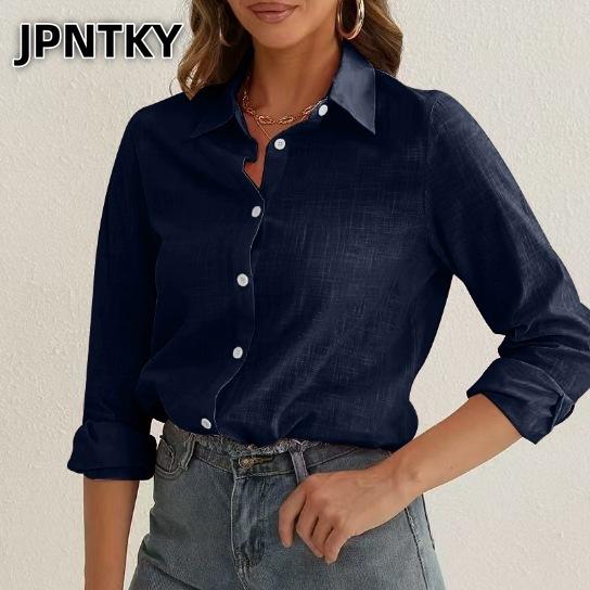 Женская модная повседневная блузка-рубашка JPNTKY, однотонная, с принтом, с длинным рукавом, воротник-поло