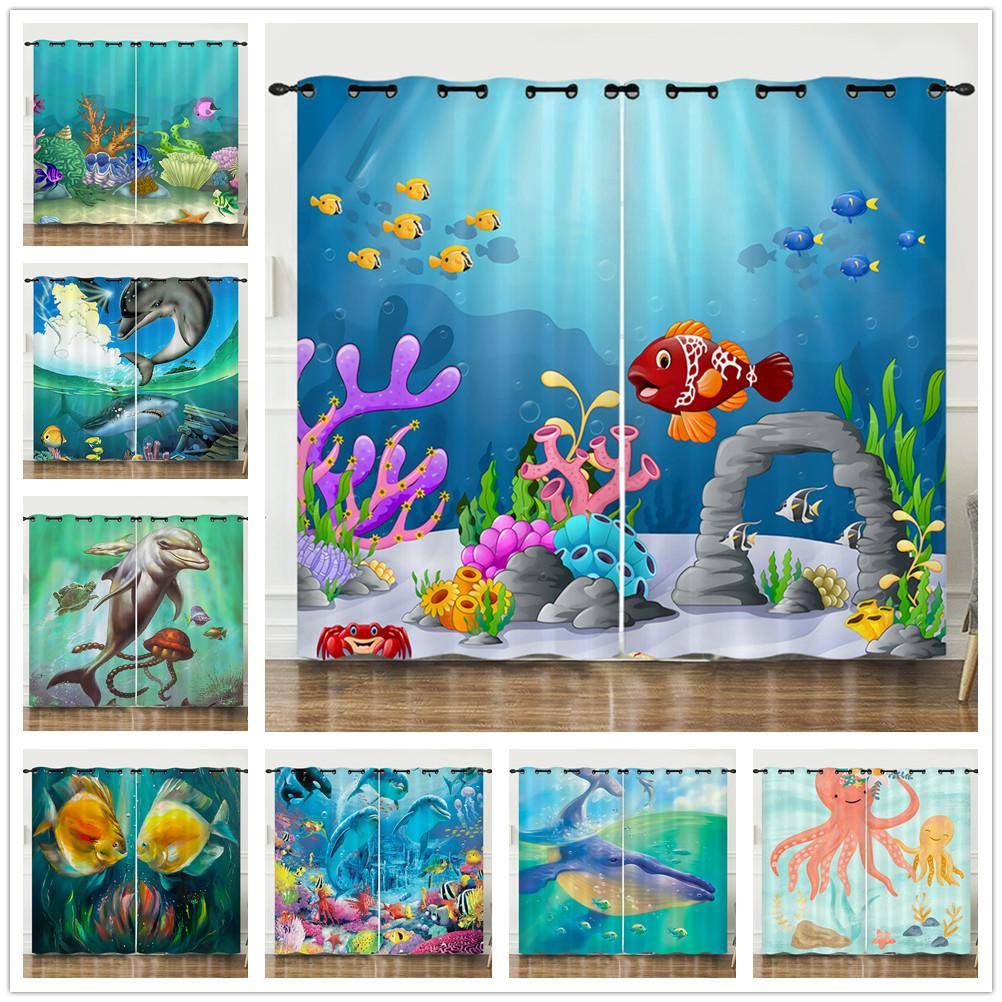 Curtain Illustration Marine Life Shark 3D Digital Printing Blackout Curtain Punching