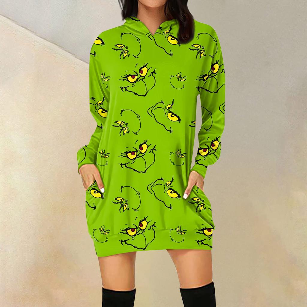 Женская свободная повседневная толстовка с капюшоном и карманом с длинными рукавами с рождественским принтом, длинный топ