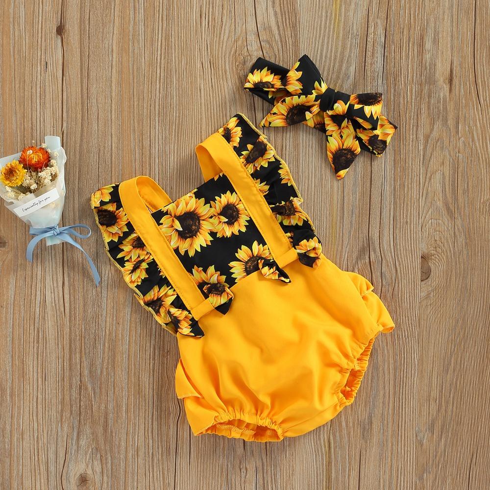 Одежда для новорожденных девочек, комбинезон с рюшами на рукавах и подсолнечником, открытая спина и повязка на голову для детей 0–24 месяцев