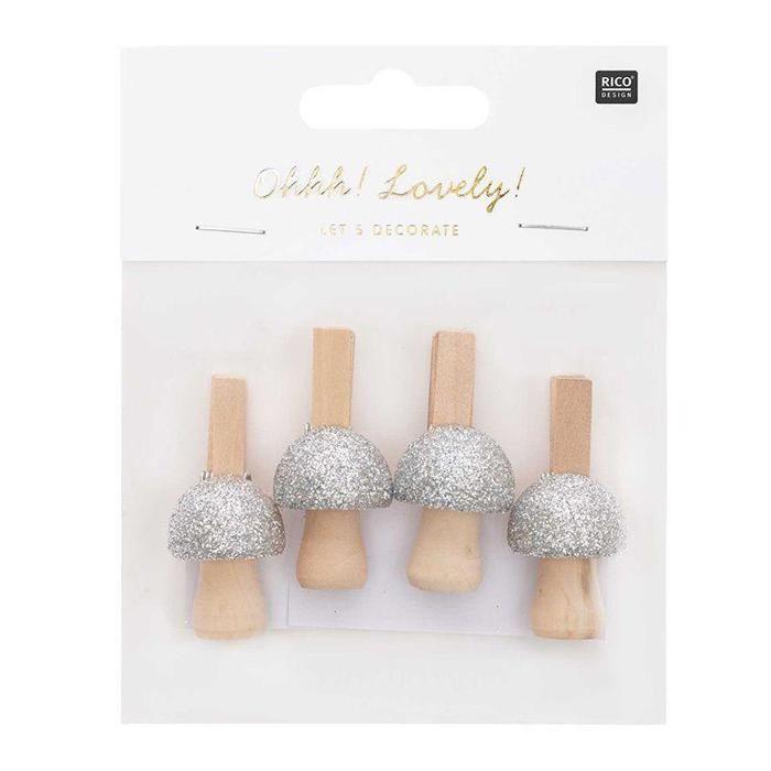 4 Silver Glittery Wooden Mushroom Clips
