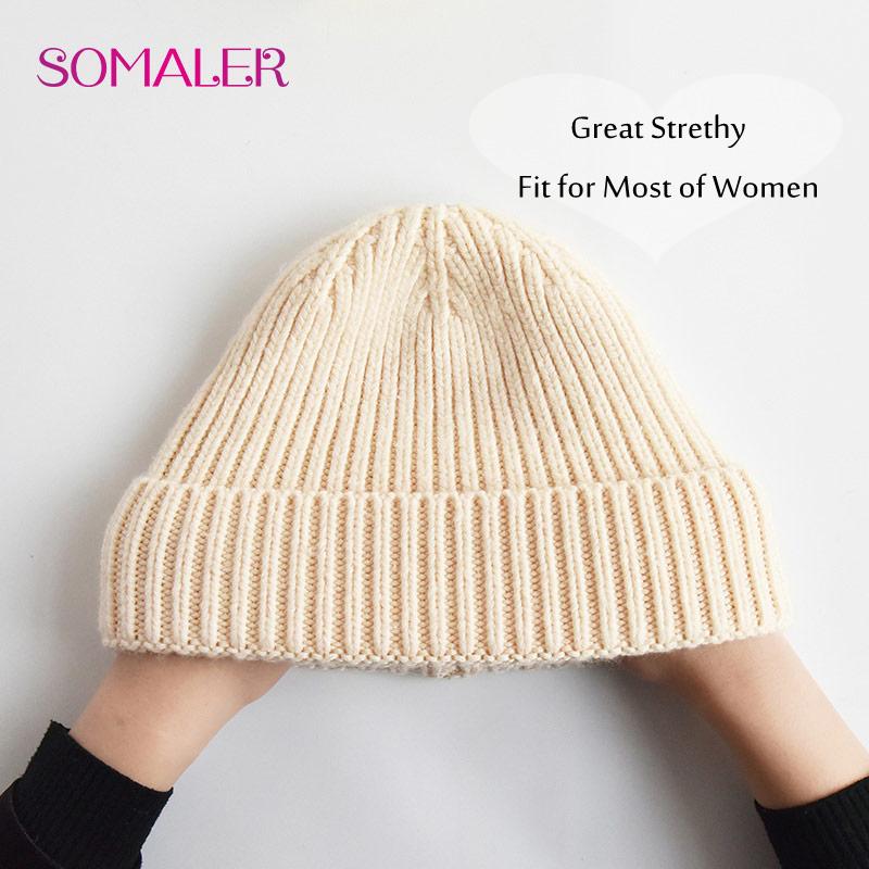 SOMALER Зимняя вязаная шерстяная шапка с меховым помпоном для девочек, женская модная пушистая теплая шапка-бини с манжетами и помпоном, женская осенне-осенняя повседневная кепка
