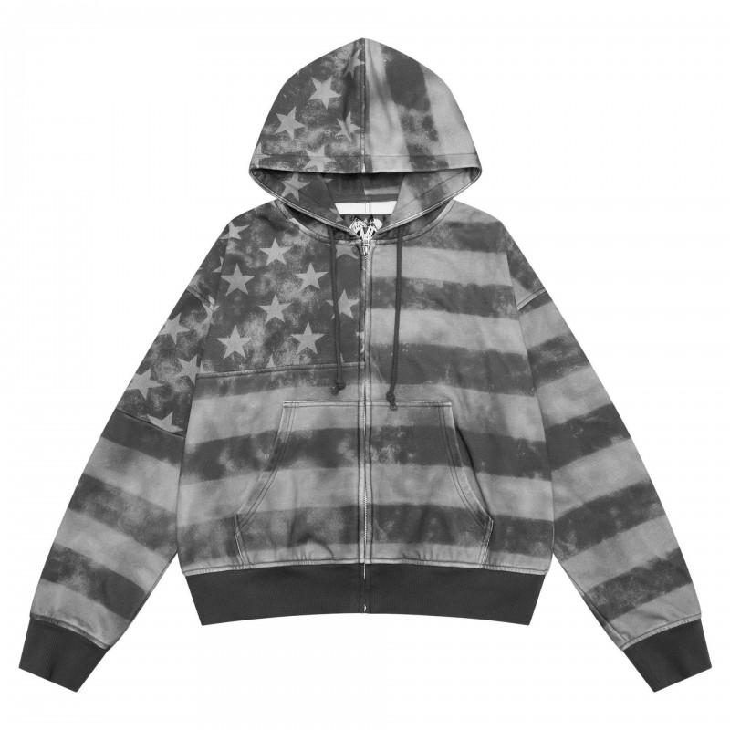 Unisex Vintage Washed Star Stripe Hooded Zip-Up Sweatshirt Loose Fit Casual Knit Pullover Gray Black Contrast