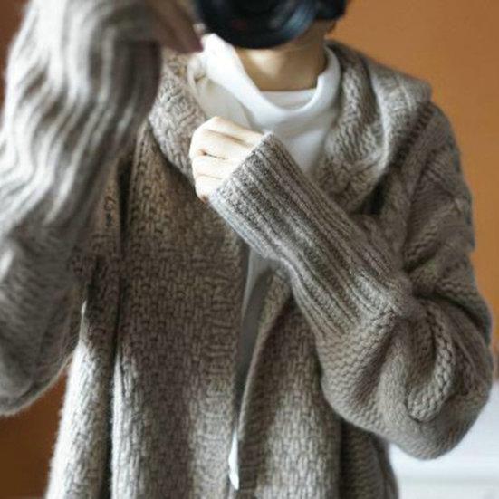 Women Winter Sweater Coat Knitted Thick Hooded Long Sleeve Mid-calf Length Loose Cardiagn Open Stitch Solid Color Soft Oversized Midi Autumn Jacket