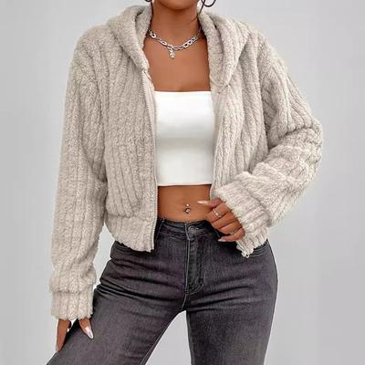 Женские зимние пальто, модные короткие плюшевые топы с капюшоном на молнии, повседневные куртки с длинным рукавом для женщин