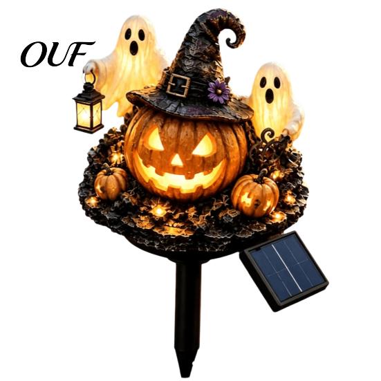 Halloween Pumpkin Lantern Solar Garden Stake Light, Waterproof LED Yard Decoration with Automatic Dusk to Dawn Light Wizard Hat And Ghost, Outdoor