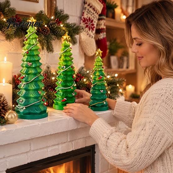 Decorative Resin Candy Decor Christmas Tree Figurine, Gradient Green Orange Tabletop with Star Holiday Topper, Hand-Painted Ornament for Home