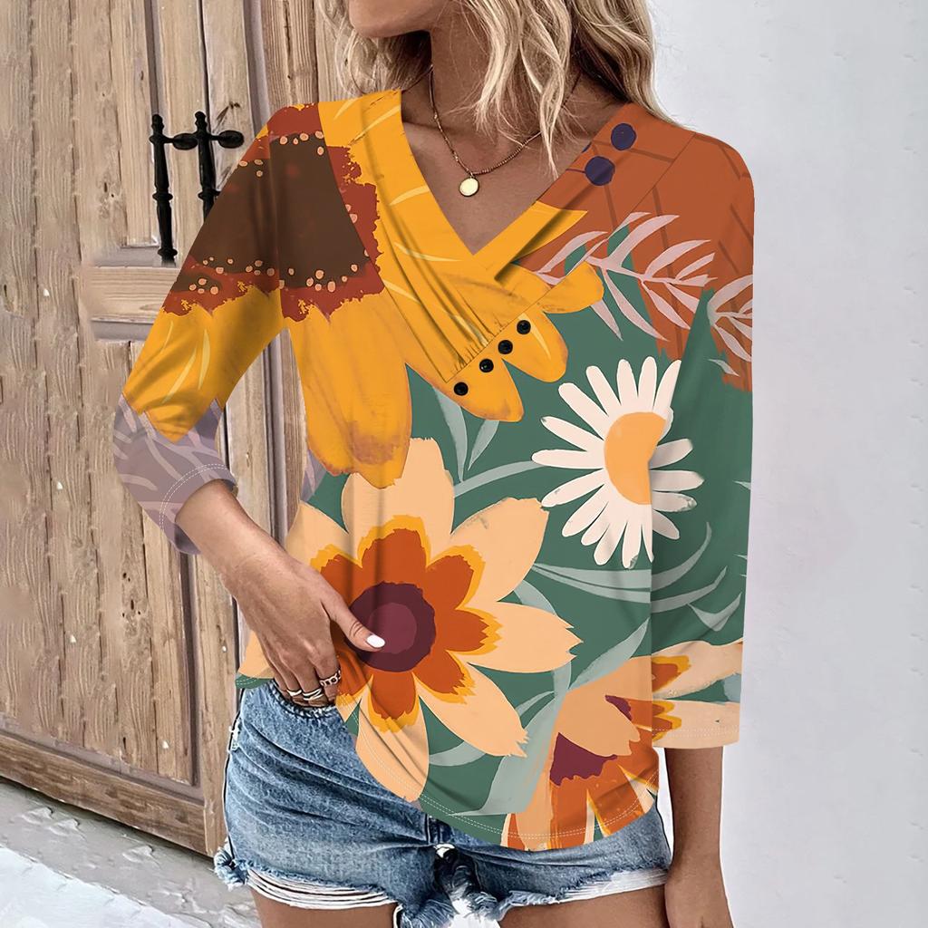 Womens 3/4 Sleeve Daily Weekend V Neck Casual Printed Tshirts Loose Fit Pleated Tees Ladies Blouse