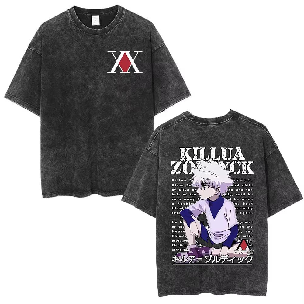 Винтажные стираные аниме-футболки Hunter X Hunter Паук Фантомная труппа Хисока Хролло Короткий рукав Мужская Женская Футболка