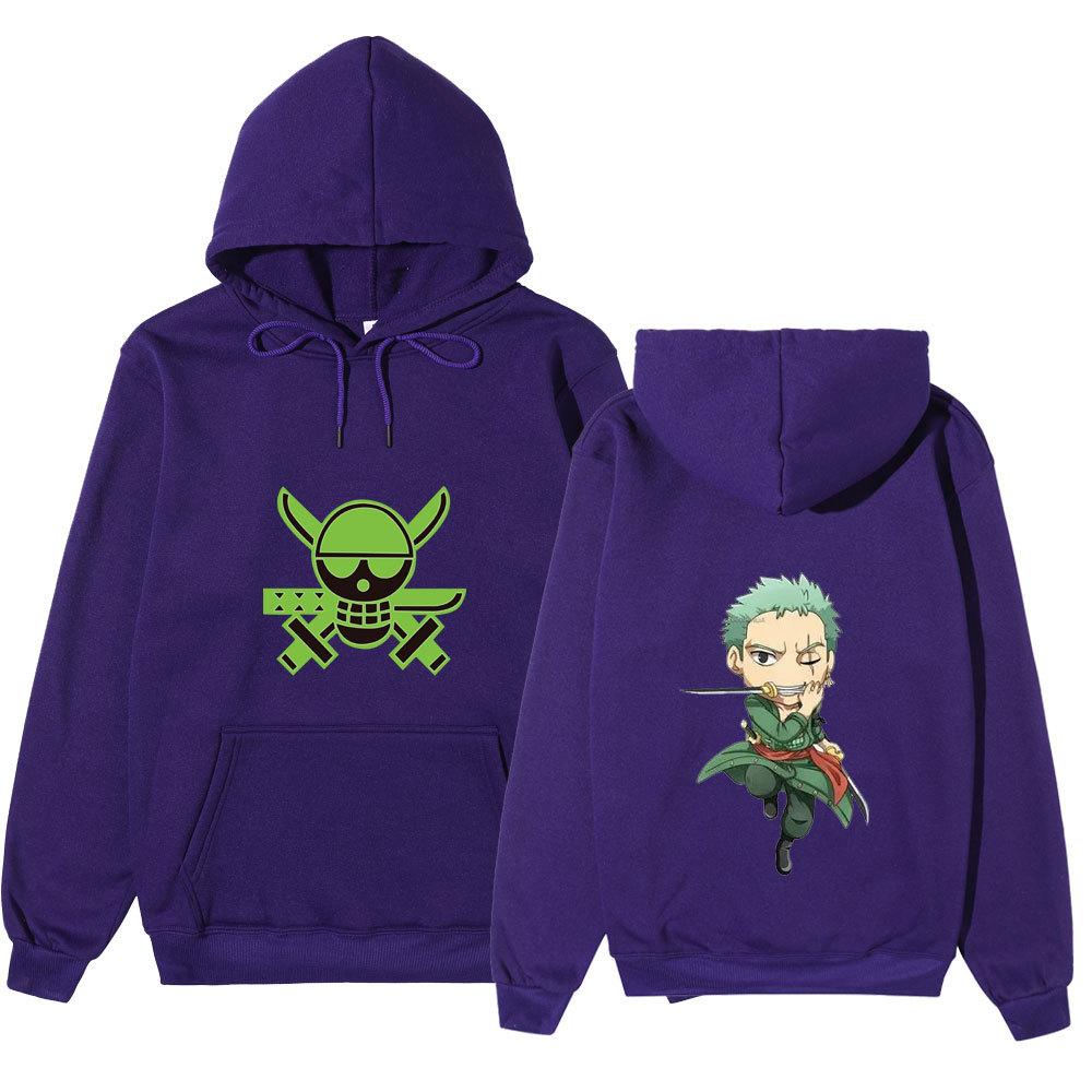 Unisex One Piece Roronoa Zoro Double‑Sided Print Fleece Hoodie, Pirate Skull on Front Chibi Zoro on Back Anime Pullover Hooded Sweatshirt Streetwear