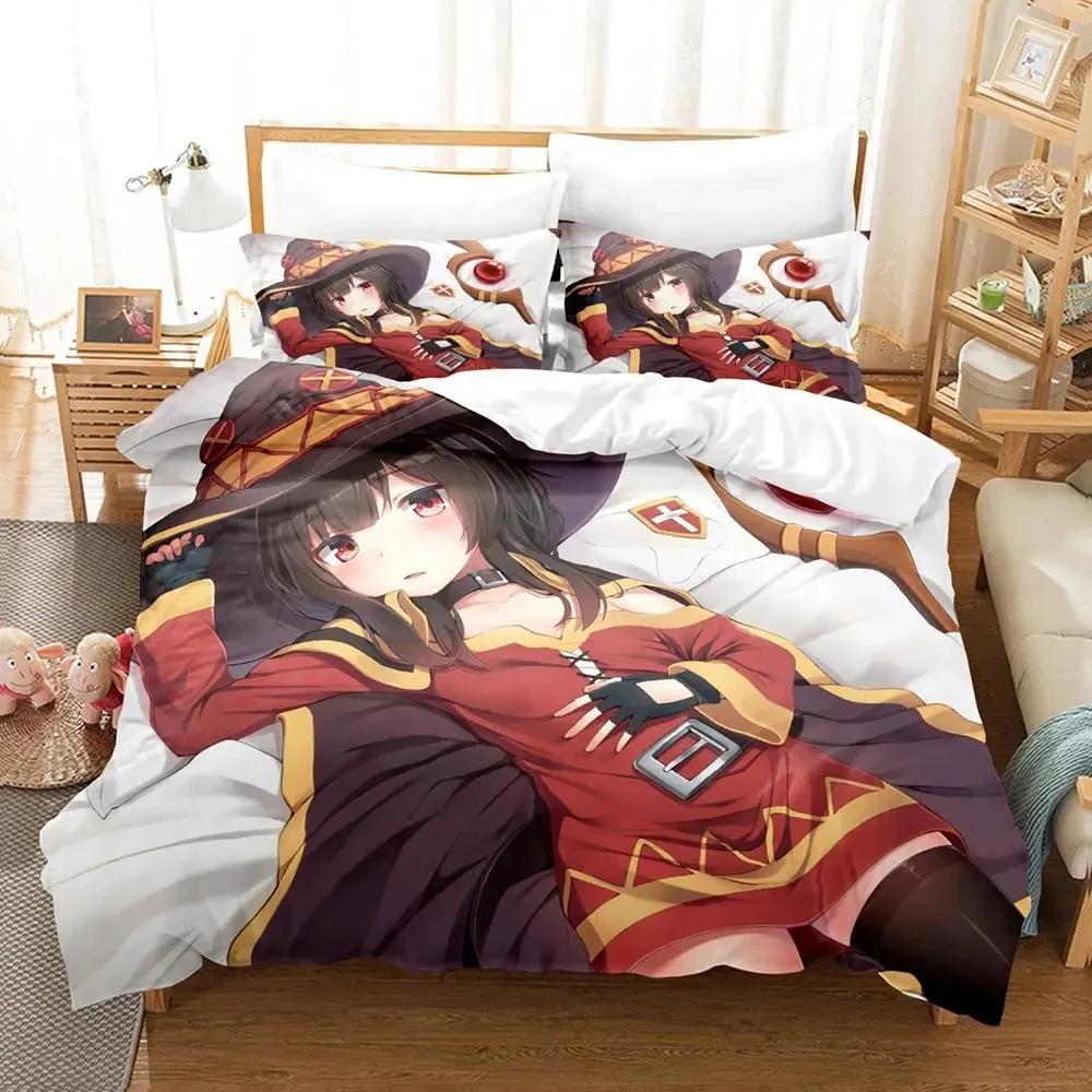 KonoSuba 3D Кавай Картонный Аниме Мягкий Комплект Пододеяльников для Взрослых Молодых Парней Спальни 2-местный 3-предметный Комплект Постельного Белья Мягкий Пододеяльник Комплект Постельного Белья