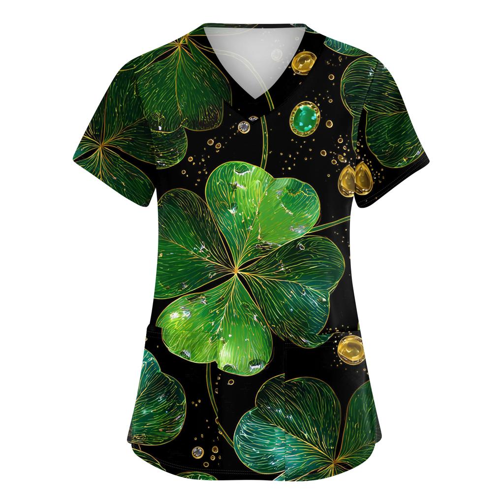 Ladies' St. Patrick Print Fashionable V-neck Pocket Short Sleeved  Uniform And Caregiver Top