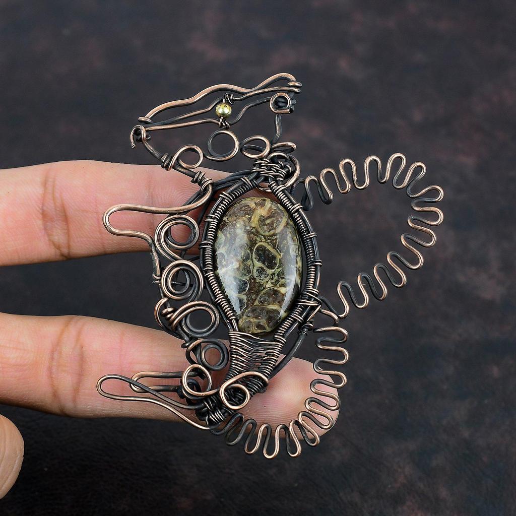 Turritella Agate Pendant Copper Wire Wrapped Pendant Handmade Copper Jewelry Gemstone Rabbit Pendant Dainty Wire Wrap Jewelry Wedding Gifts