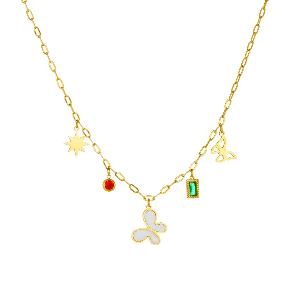 316L Stainless Steel Simple White Shell Inlay Butterfly Star Green Crystal Charm Necklace Women Trendy Chic Neck Chain