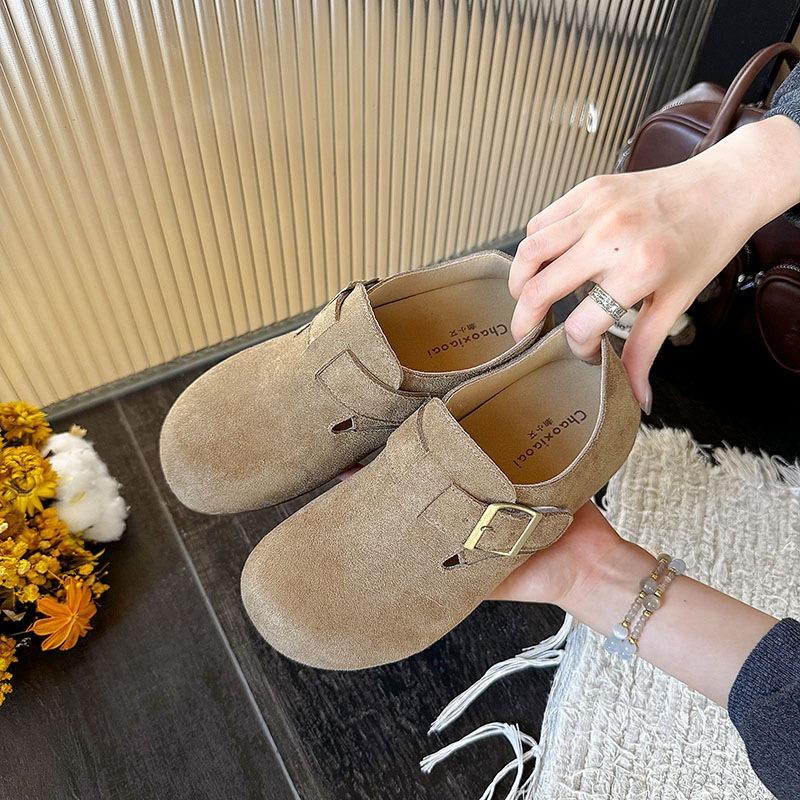 Retro Inner Height Increase Flat Bottom Women's New Comfortable and Lightweight Belt Buckle One Pedal Single Shoe