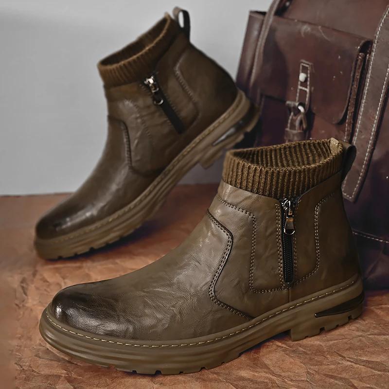 Модные новые мужские ботильоны, повседневные кожаные легкие уличные ботинки с боковой молнией, мужские классические дышащие рабочие ботинки, зимние нескользящие