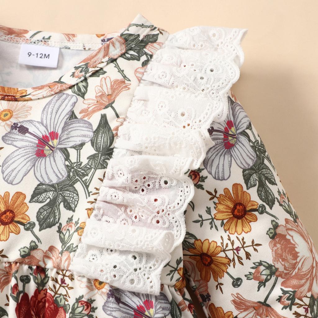 Детский цельный кружевной комбинезон цвета хаки с высокой талией и длинными рукавами для девочек