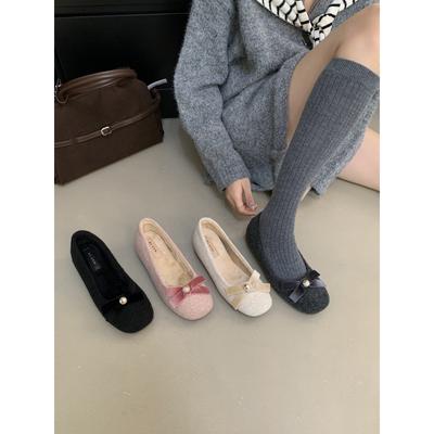 Шерстяные серые высококачественные новые туфли-лодочки с бантом, с внутренней высотой, увеличивающей рост, женские осенне-зимние бархатные туфли для улицы, хлопковые туфли-лодочки