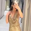 Сексуальное блестящее длинное платье с бретельками через шею, женское элегантное платье без рукавов с открытой спиной и V-образным вырезом, с высокой талией, блестящее вечернее платье А-силуэта, новая мода