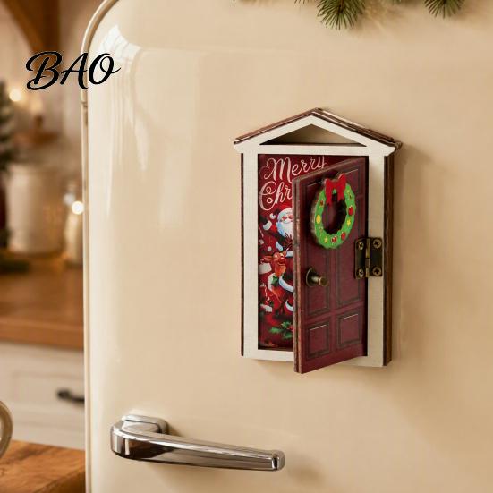 Holiday Fridge Magnet Elf Door with LED Light, Wooden Christmas Decor Refrigerator Magnet, Openable Mini Magnetic Decoration for Magnets