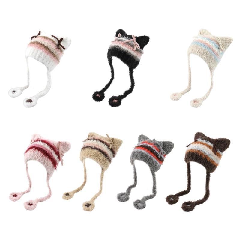 Furry Cartoon Head Cover with Ear for Outdoor Sports Striped Hat with Ear Oversized Headgear Hat for Winter