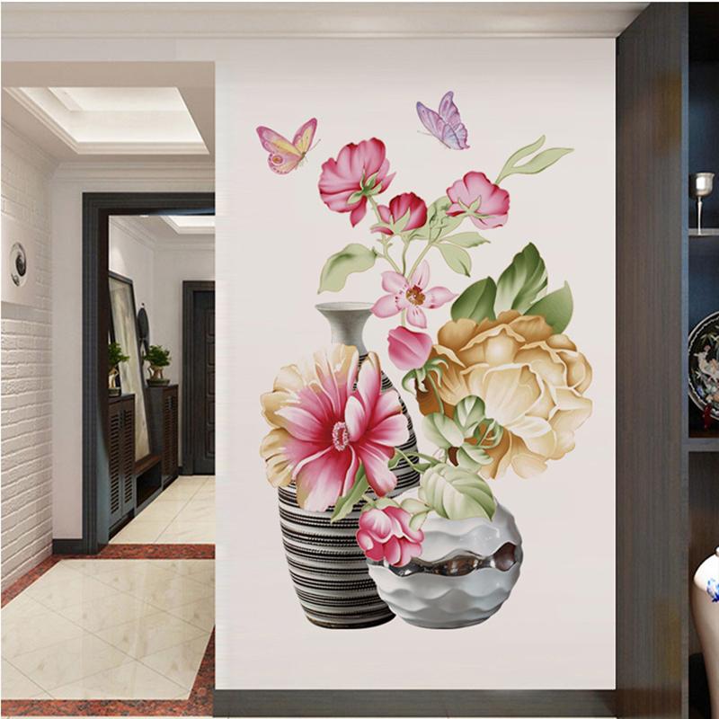 Винтажные 3D-видения ваза для цветов, наклейки на стену, домашний декор, японские съемные наклейки на стены для гостиной, спальни, крыльца, фон