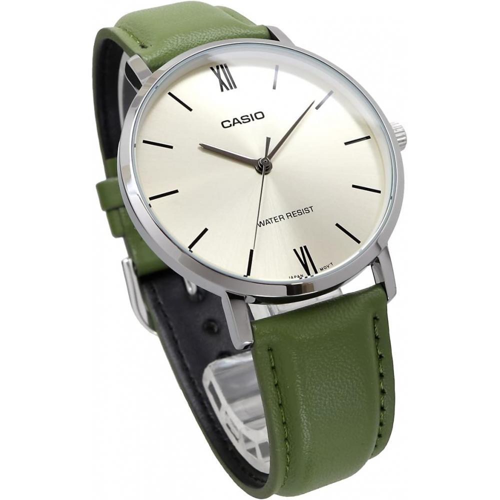Casio Мужские кварцевые часы Серебристые   Зеленый кожаный ремешок Mtp Vt01l 3b