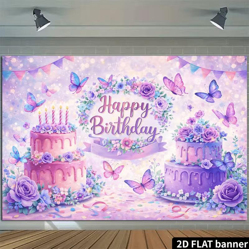 2D Watercolor Butterfly Happy Birthday Backdrop, Girls Birthday Party Banner