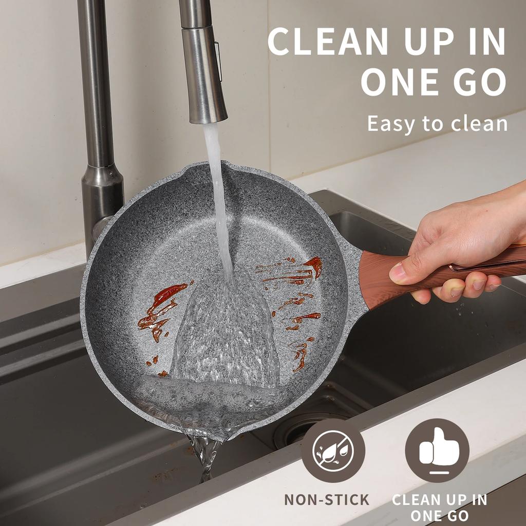 DONNOR Frying Pans Nonstick with Lid 9.5in/2.5qt Saucepan Granite Coating Omelette Pan Healthy Cookware Grilled Steak Pans