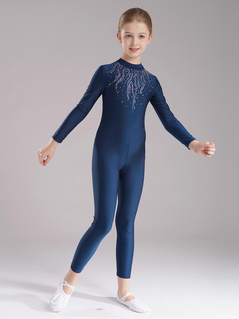 Комбинезон с длинными рукавами и стразами для девочек, балета, гимнастики, акробатики, йоги, растяжки на все тело, фигурного катания
