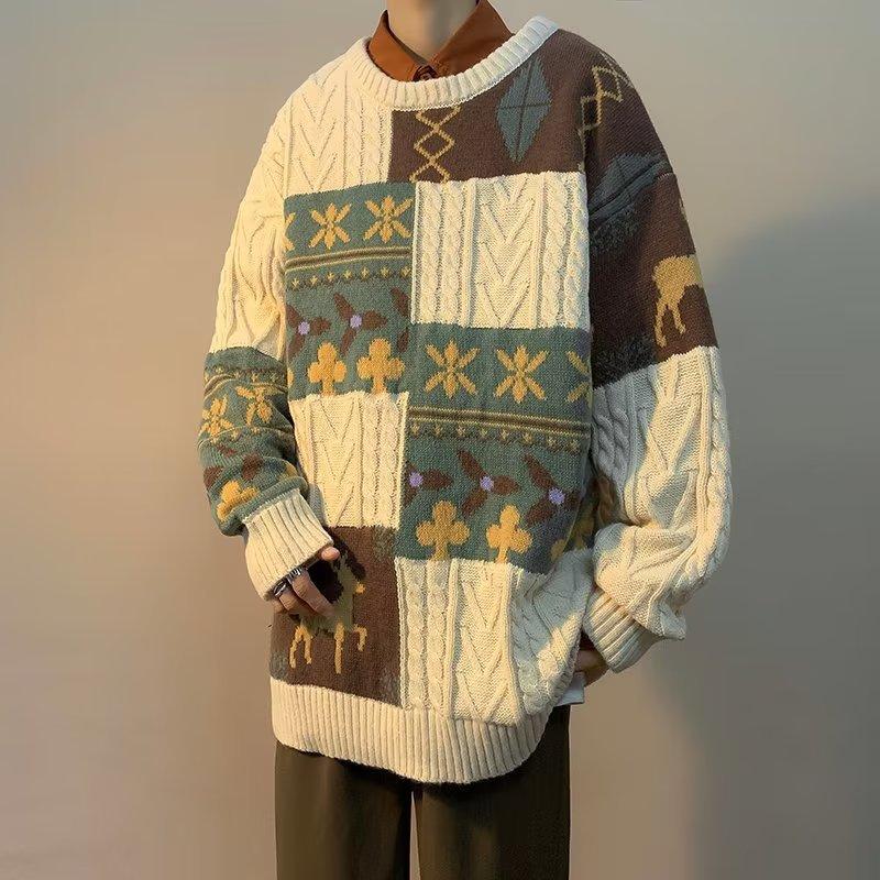 Sweater Men's Winter Thickened Lazy Base Knit Retro Stitched Warm Loose Thread Jacket