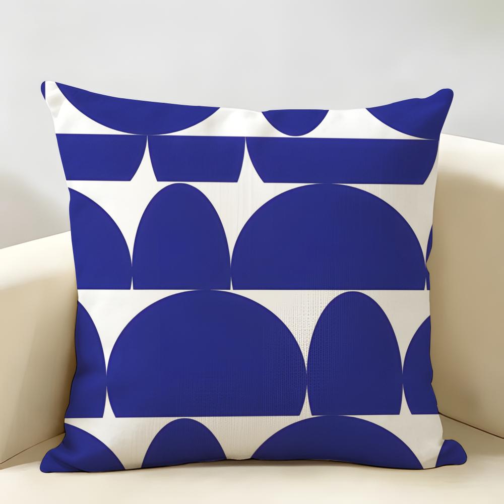Nordic Style Geometric Blue Pattern Cushion Cover Natural Linen Organic Fabric Printing Breathable Perfect For Home Decor