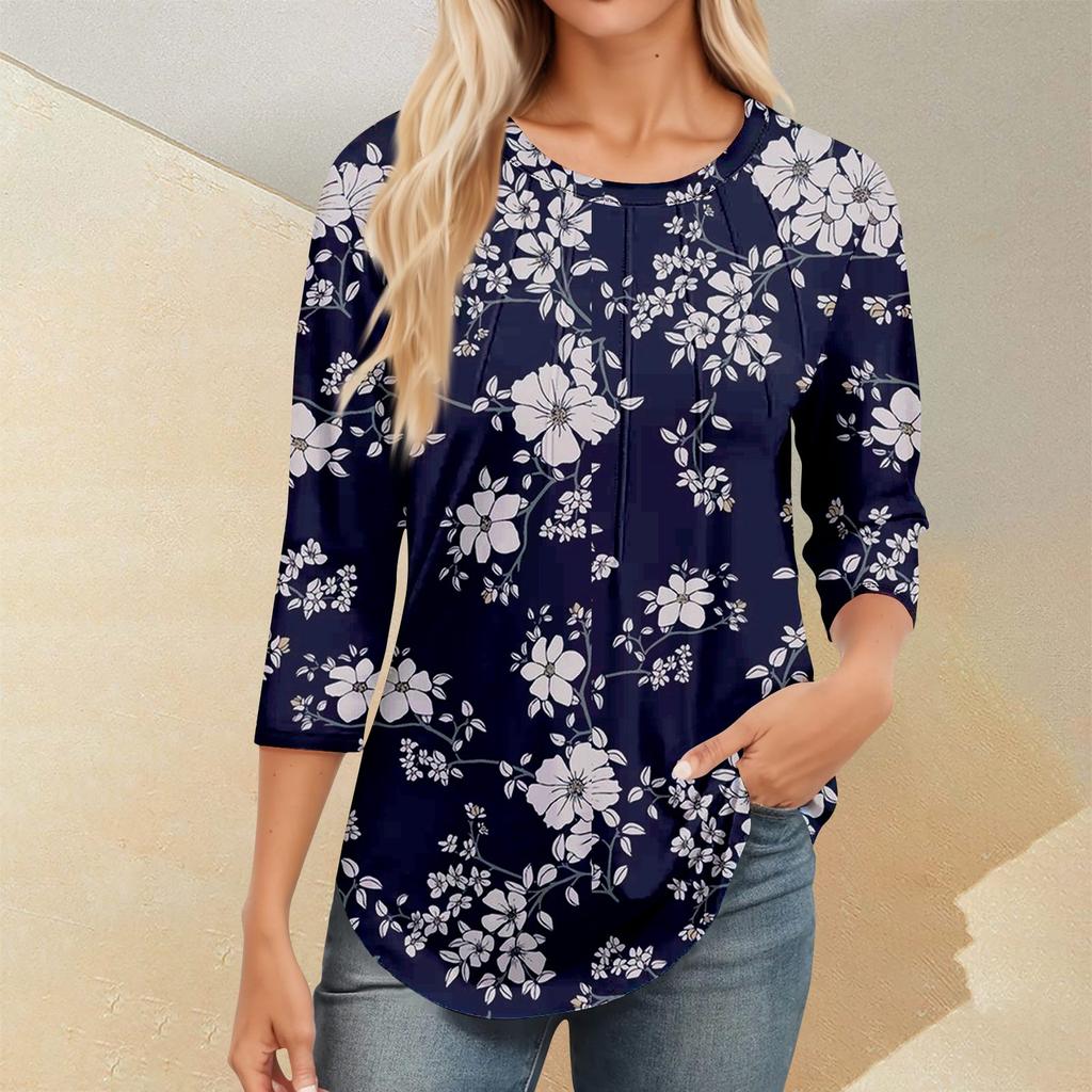 Женский повседневный универсальный топ с круглым вырезом и цветочным узором в горошек и длинными рукавами