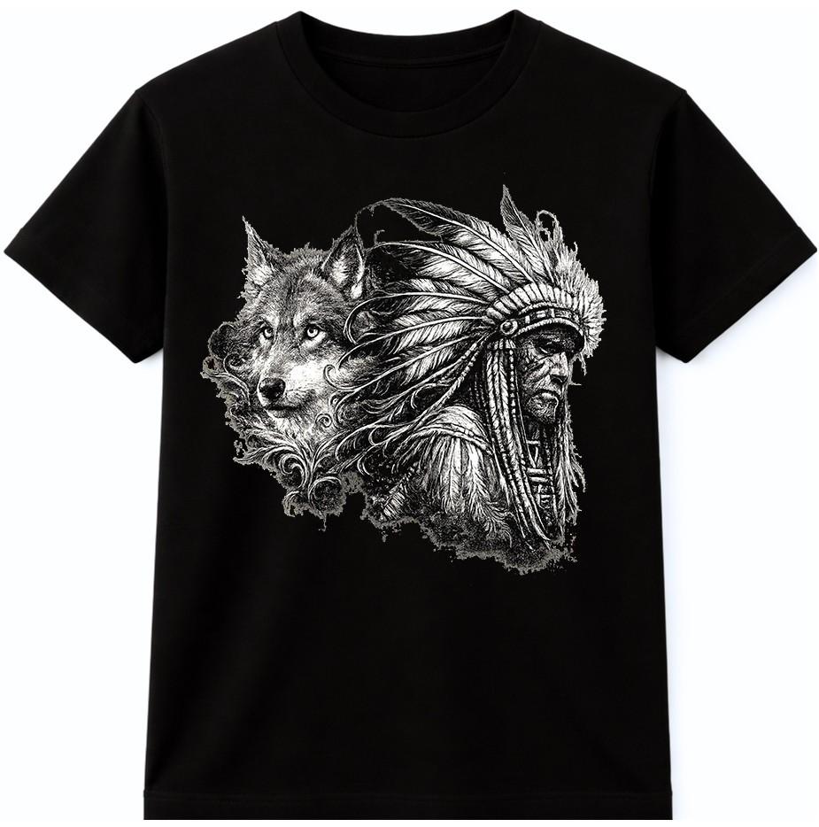 Футболка с волком Племенной воин Головной убор Духовное животное коренных народов Татуировка Графическая футболка