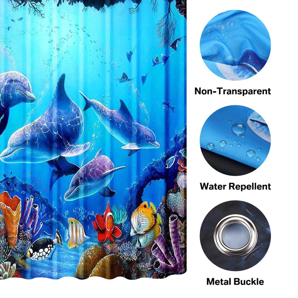Underwater Dolphin Shower Curtain Marine Life World Travel Sea Diving Ocean Print Bathroom Decor Set with 12 Hooks Waterproof