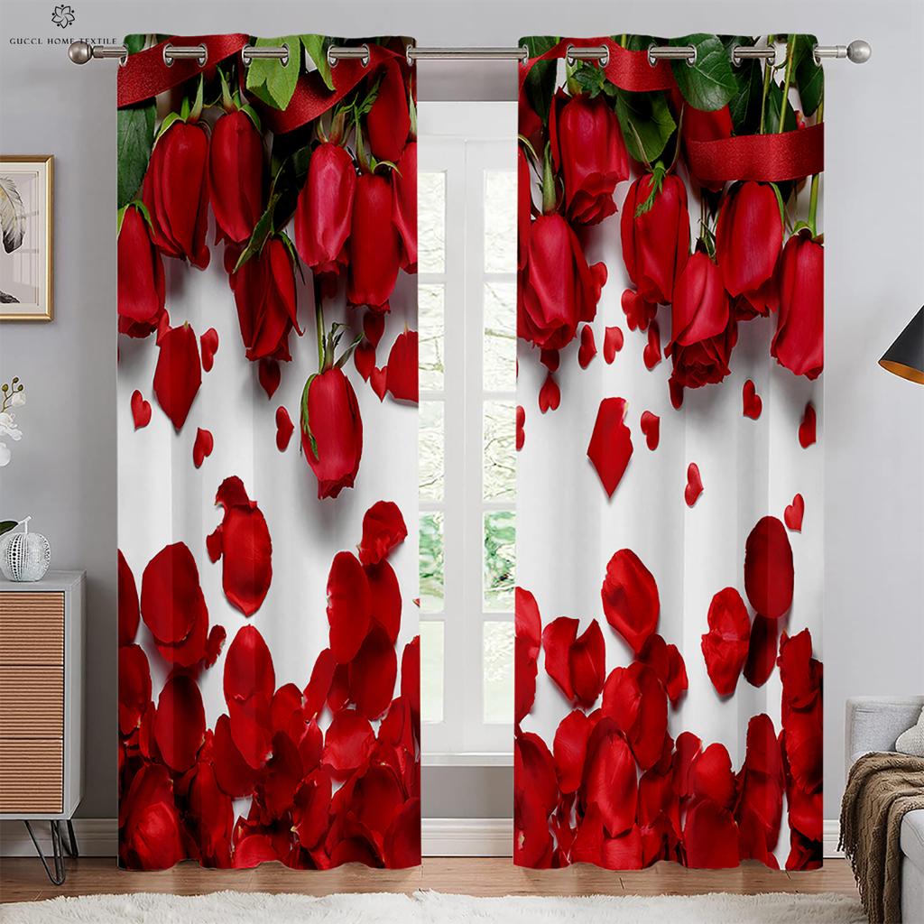 Romantic Rose Red Retro Print Curtain, Rod Pocket Curtain, Bedroom, Living Room, Kitchen, Outdoor Decorative, 2 Pieces