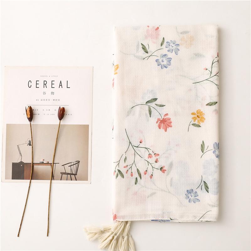 Женский элегантный и свежий хлопковый льняной шарф на ощупь с белым цветочным принтом, украшение ручной работы, кисточка, шарф, шаль