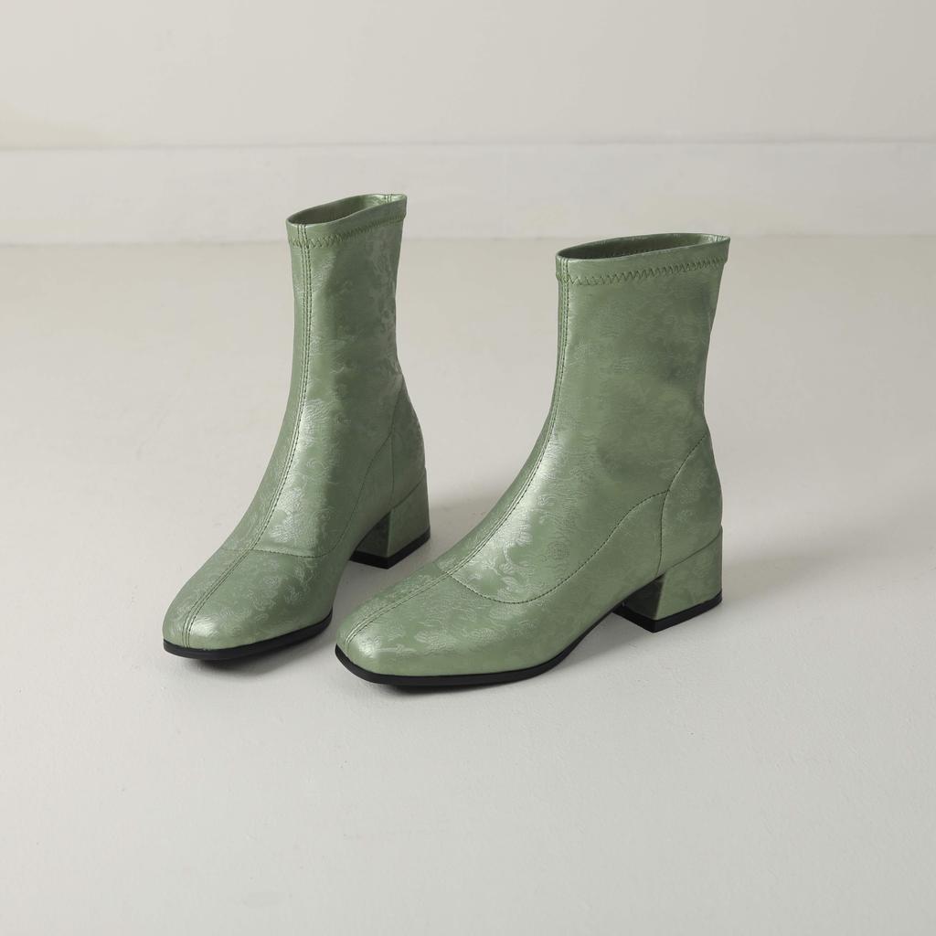 lenkisen PU Autumn Winter Shoes Thick Med Heels Printing Oriental Design Chelsea Boots Keep Warm Fashion Ankle Boots